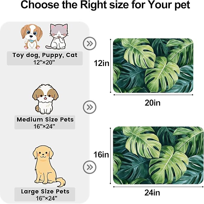 Tropical Palm Leaves Pet Feeding Mat-Quick Dry Absorbent Dog Cat Food Mat, Anti-Slip Water Bowl Mats for Messy Eaters-No Stains Indoor Pet Accessories 12"x20"