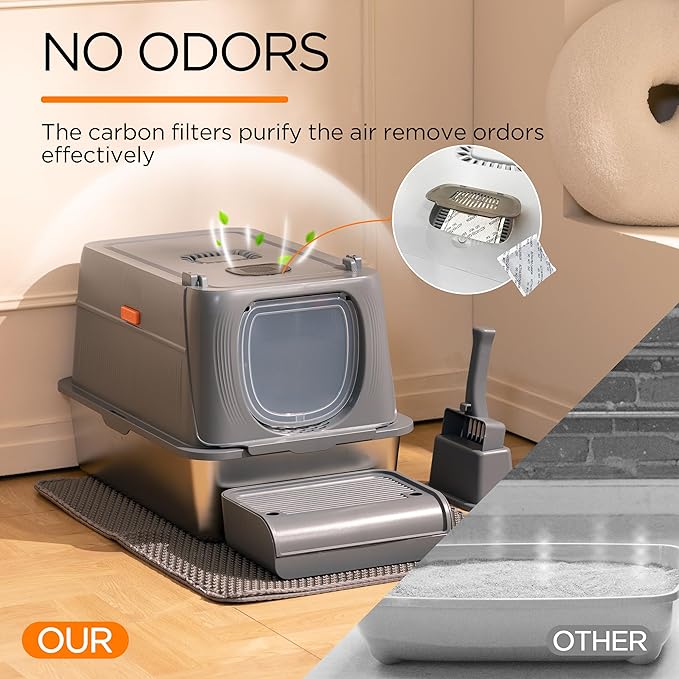 Citylife Stainless Steel Cat Litter Box with Lid,XL Extra Large Enclosed Removable Metal Litter Box with Litter Scoop&Double Layer Litter Mat,Non-Sticky，Non-Odor,Easy Cleaning, for Big Cats Dark Grey