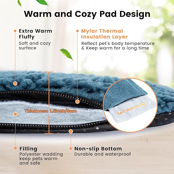 Dog Bed Mat Self Heating Pad for Large Medium Dogs, Dog House Bed Crate Pad for Sleeping Self Warming Pet Bed Puppy Blanket with Removable Washable Cover, Blue 48 Inches