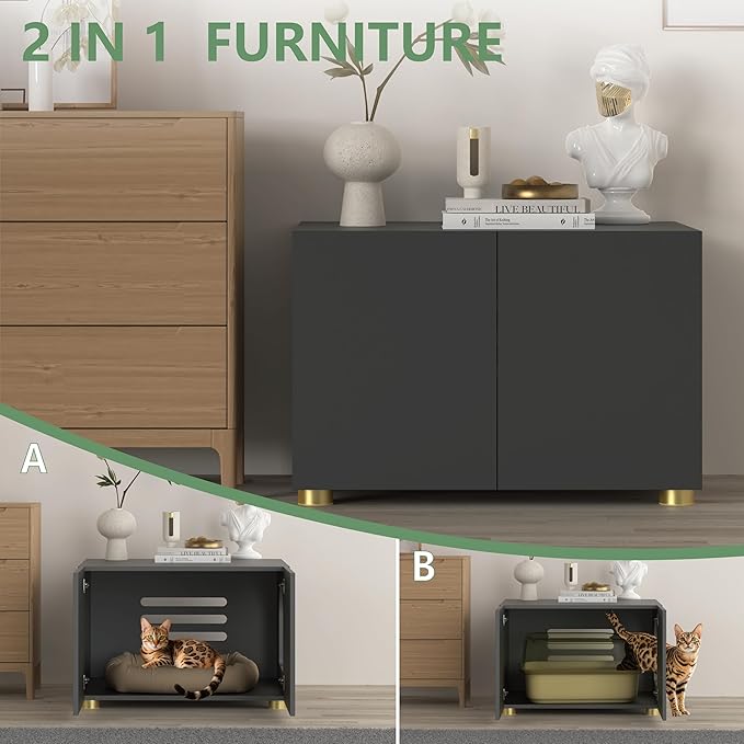 Small Litter Box Enclosure, Sleek Modern Cat Litter Box Cabinet Furniture, Wooden Cat House, End Table (Black)