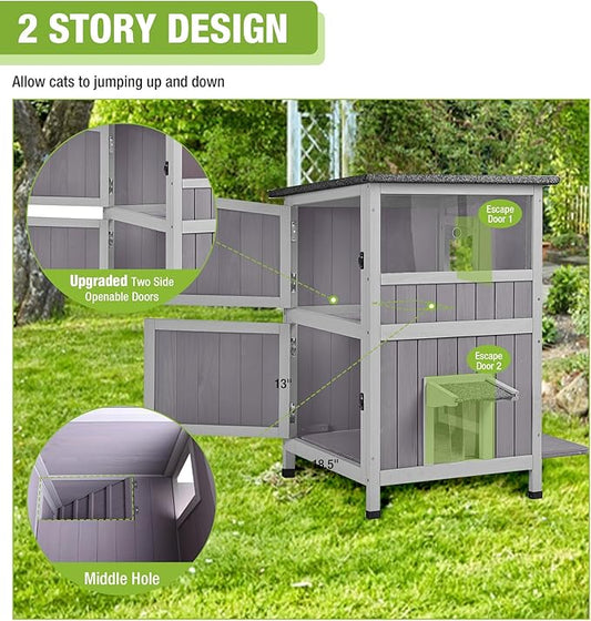 GUTINNEEN 2 Story Wooden Outdoor Cat House Weatherproof with Escape Doors, Openable Roof, Feral Cat Shelter with Elevated Base & Acrylic Window