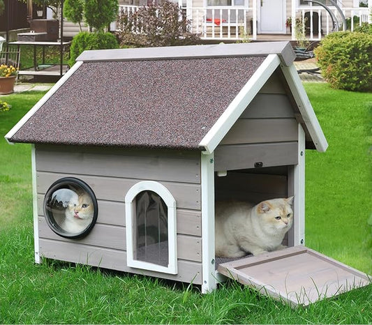 Rockever Outdoor Cat House, Feral Cat House Outdoor Weatherproof with Escape Door and Clear Windows for 2 Cats(with Self Warming Mat)