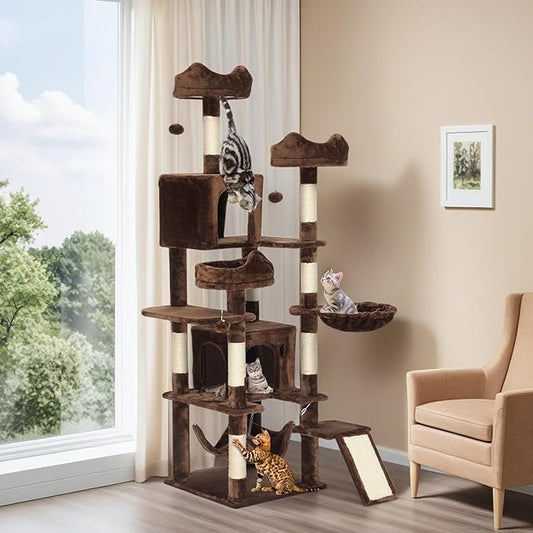 YITAHOME 75-Inch Tall Cat Tree Indoor: Multi-Level Kitten Tower with Kitty Condos, Top Perches, Sisal Ramp, Scratching Posts & Cozy Basket Hammocks Pet Play House Brown