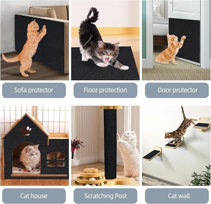 Cat Scratch Mat 120"x15.8",Cat Scratch Carpet Trimmable Self-Adhesive Cat Scratch Pad,Decorative Cat Tree Shelf，Cat Wall，Cat Scratching Post,Cat Couch Protector(Black)