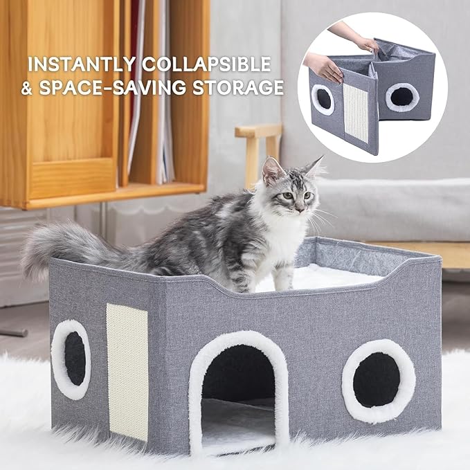 Cat House for Indoor Cats – Foldable Cat Cave & Covered Cat Bed, Cozy Hideaway for Small Pets and Large Cats (23.6"x16"x12.8"),Grey