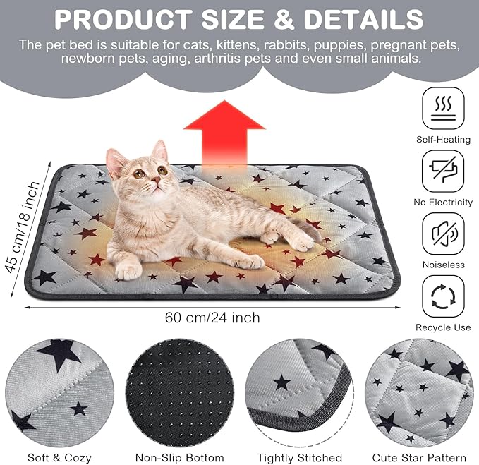Self Warming Cat Bed Self Heating Dog Mat Star Pattern Warm Thermal Pet Pad Reflects Body Heat Washable Soft Puppy Crate Pad Anti Slip Kennel Mat for Pets(Grey,18'' L X 24'' W X 0.4'' Th)