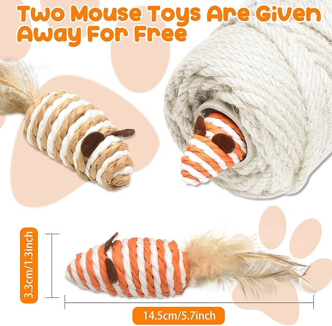 262FT/80M Cat Scratching Sisal Rope, 6mm Thick Natural Jute Rope for Scratch Posts, Cat Trees, DIY Projects, Sisal Rope for Cat Scratcher with 2 Cat Mouse Toys (White, 262ft)