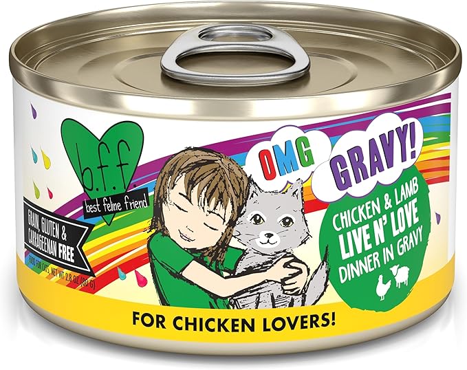 Weruva B.F.F. OMG - Best Feline Friend Oh My Gravy!, Chicken & Lamb Live N' Love with Chicken & Lamb in Gravy, 2.8oz Can (Pack of 12)