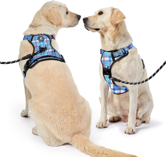 NESTROAD No Pull Dog Harness with Leash, Reflective No Choke Pet Vest Harness,Adjustable Soft Padded Dog Harness with Easy Control Handle for Large Dogs(Checkered Blue,Large)
