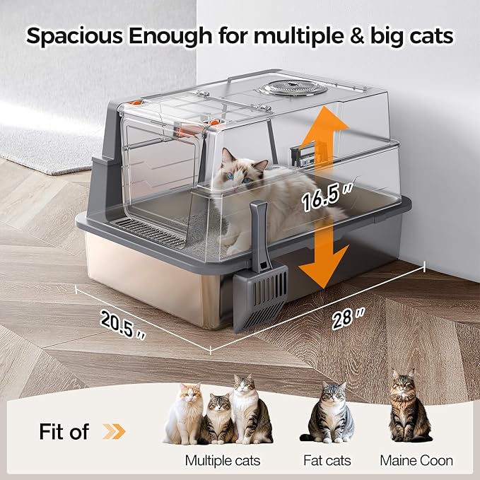 XXXL Stainless Steel Litter Box with Lid,28" L x 20.5" W x 16.5" H Extra Large Cat Litter Box Enclosure for Large and Multi-Cats Families,Non-Sticky, Anti-Leakage, Easy to Clean(Gray)