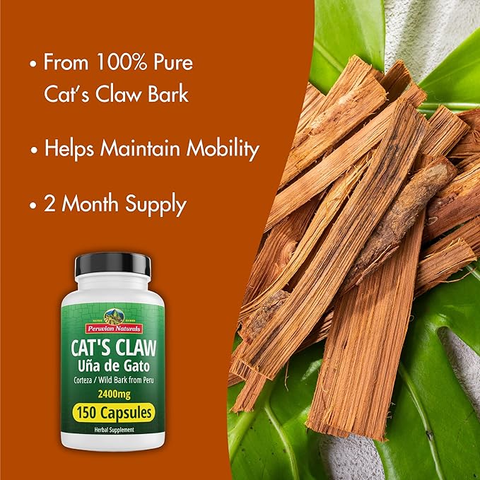 Peruvian Naturals Cat's Claw Herbal Supplement 150 Capsules - Uña de Gato 2400mg of Vegan, 100% Natural Cats Claw Bark Grown in Peru, Non-GMO, Uncaria Tomentosa UNA de Gato