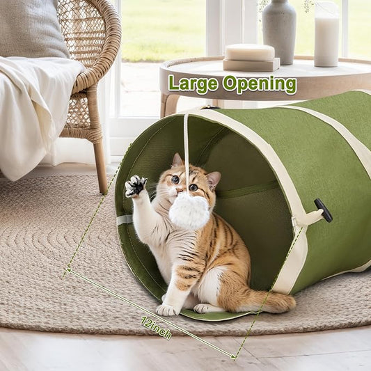 Ownpets Cat Tunnel Large 12 inch Diameter, Cactus-Shaped Cat Tunnel Toy, Sturdy Oxford Fabric Collapsible Cat Tunnels for Indoor Cats, Interactive Peek Hole Pet Tunnel Tube with Cat Wand Toy, Green