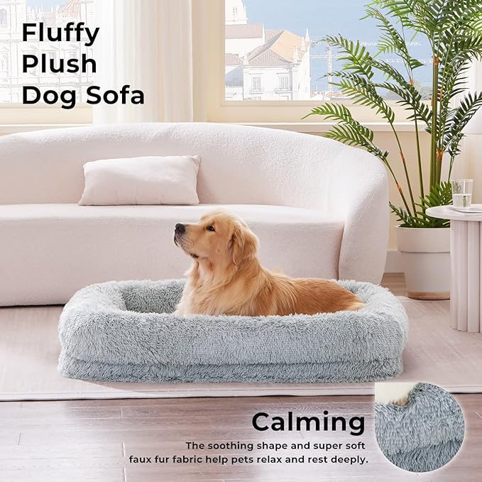 Calming Dog Beds for Large Sized Dogs - Orthopedic Fluffy Pet Bed, Donut Waterproof Pet Sofa with Washable Removable Cover, Supportive Egg Foam and Nonskid Bottom, Grey