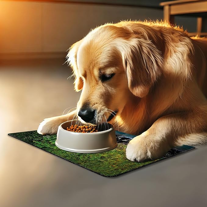 Lunarable Cabin Pet Mat for Food and Water, Grizzly Brown Bear in Lake Alaska Untouched Forest Jungle Wildlife Image, Non-Slip Rubber Mat for Dogs and Cats, 18" X 12", Brown Green