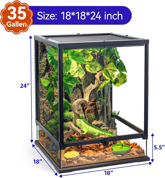 360° Clear View 35 Gallon 24x18x18 Glass Reptile Terrarium Suitable for Bearded Dragon, Chameleon, Crested Gecko, Multi-Pet Enclosure with Front Door, Excellent Ventilation, Hidden Wiring Holes