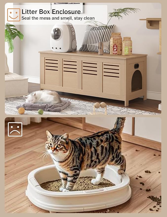 DINZI LVJ Litter Box Enclosure Furniture for 2 Cats, Flip Top Opening Hidden Litter Box with Double Rooms, Dual Pet House with Good Ventilation, 47.2" Wooden Cat Washroom, Easy Assembly, Natural