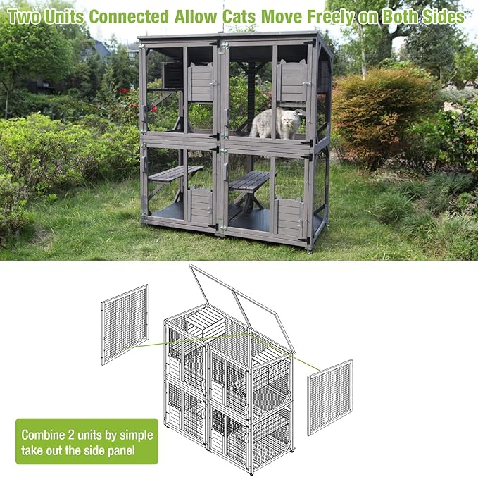 GUTINNEEN Cat House Outdoor Cage Cat Enclosure on Wheels,Large Wooden Kitty Catio with Resting Box,PVC Layer