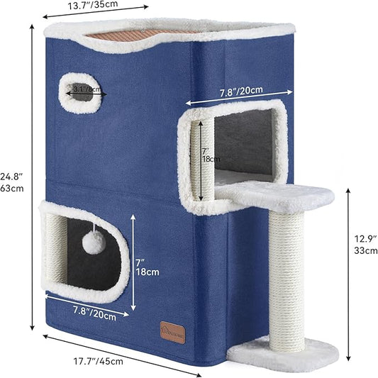 YITAHOME 2-Tier Cat House: Indoor Cat Cave Bed Playhouse, Covered Cat Beds & Furniture with Scratch Pad and Hideaway Cave, Cute Modern Cat Condo Furniture for Multi Small Cats, Blue