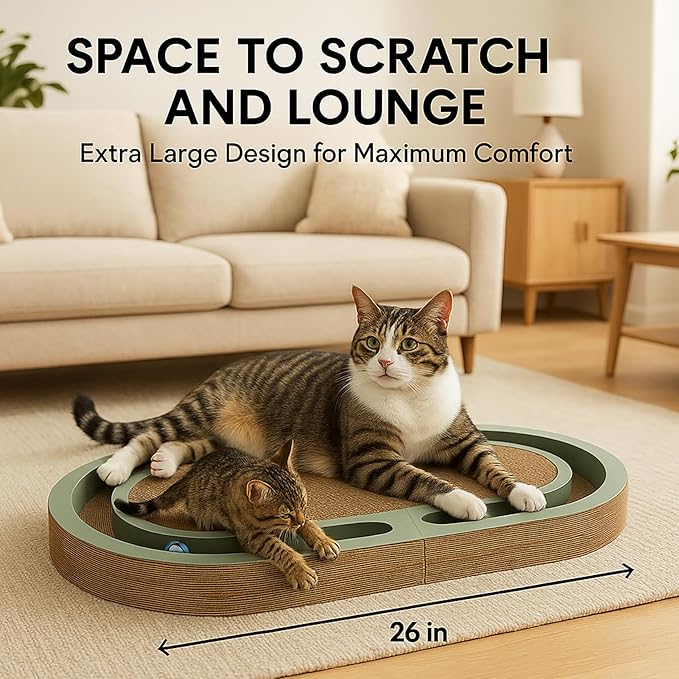 Extra Long 26" Folding Cat Scratch Pad with Chasing Bells Double Sided Interactive Cardboard Cat Scratcher Cat Scratching Board for Cats Cardboard Scratching Pads for Indoor Cat Toy