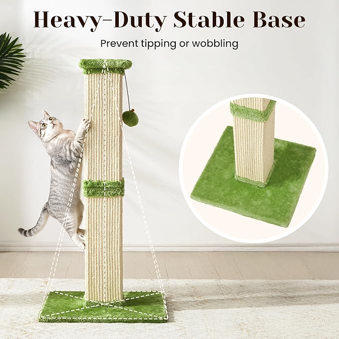 Cat Scratching Post with Hanging Toy Ball, 32-Inch Tall Sisal Cat Scratcher for Indoor Cats, Green