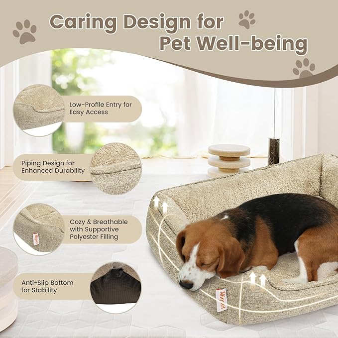 Miguel Faux Linen Dog Bed with Removable Cushion Pillow for Medium Small Dogs, Washable Pet Bed with Side Easy to Wash Puppy Bed, Rectangle Cat Bed for Indoor Cat with Anti-Slip Bottom, Beige 35 Inch