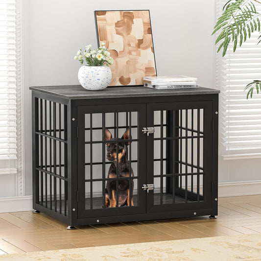 32 Inch Heavy Duty Dog Crate Furniture for Medium and Small Dogs, Decorative Pet House End Table, Wooden Cage Kennel Furniture Indoor, Gray