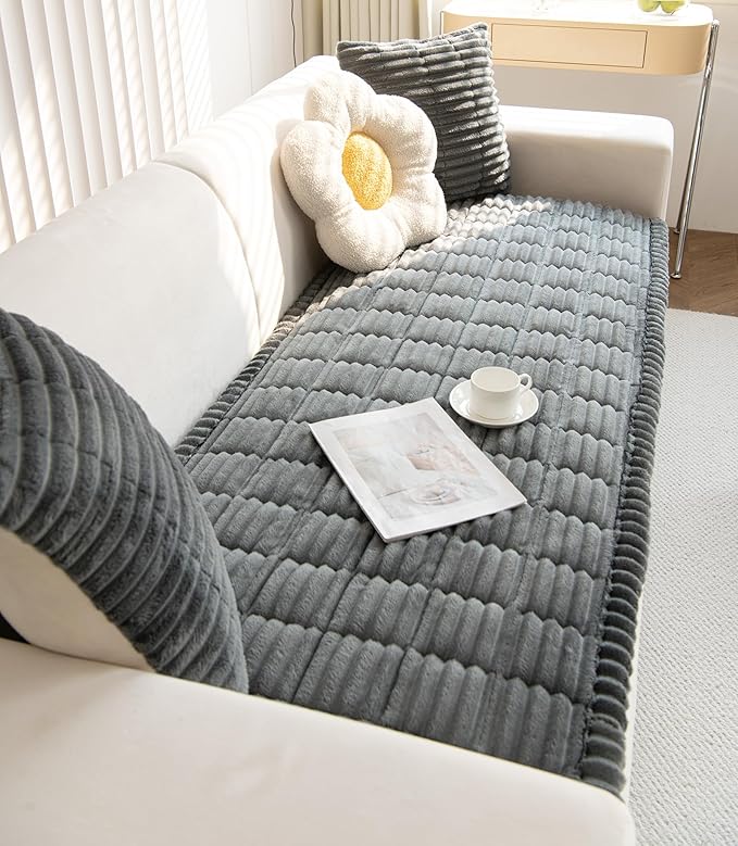 Faux Fur Plush Dog Couch Cover 3D Stripe Fuzzy Sofa Cover Non-Slip Fluffy Dog Bed Cover Pet Blanket Sofa Couch Furniture Protector for Puppy Large Dog Cat (Dark Grey,35"x82")