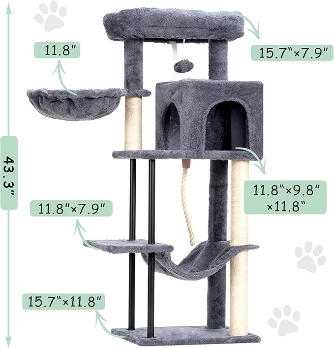 Cat Tree, Cat Tower for Indoor Cats, 43.3 inch Cat Tree Tower with Sturdy Steel Tube, Hammock, Cat Condo for Small Cats and Kittens, Scratching Post, Smoky Gray GCT004SG