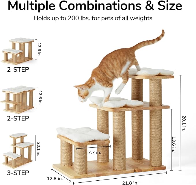 FUKUMARU Dog Stairs, Solid Wood Pet Stairs with Cat Scratching Post, Transformable Cat Ramp Can Hold Up to 200 lbs, 20 Inch Pet Steps for Dogs and Cats to Climb High Bed and Couch, Over 6 Combinations