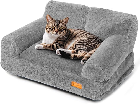 Cat Couch Bed - Cat Bed for Indoor Cats, Calming Pet Sofa Puppy Sleeping Bed with Removable Washable Cover, Cute Dog Couch and Kitty Lounge Chair for 12lbs Cats & Small Dogs(Light Grey)