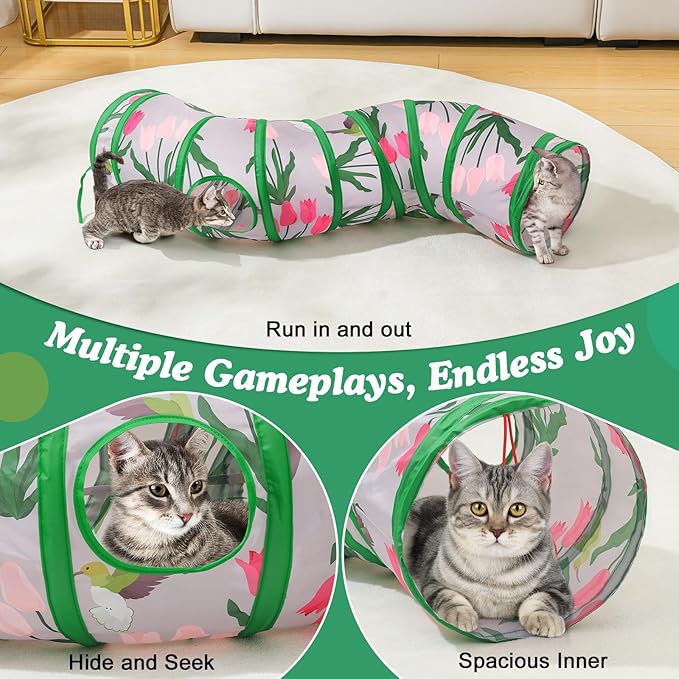 Pawaboo Cat Tunnel, S-Shaped Cat Tube Tunnel 25 * 97cm(9.8''*38.2'') with Balls and Bells, Collapsible Portable Kitten Play Tent Toy Interactive Cats House with Peep Holes for Kitty, Tulip & Bird