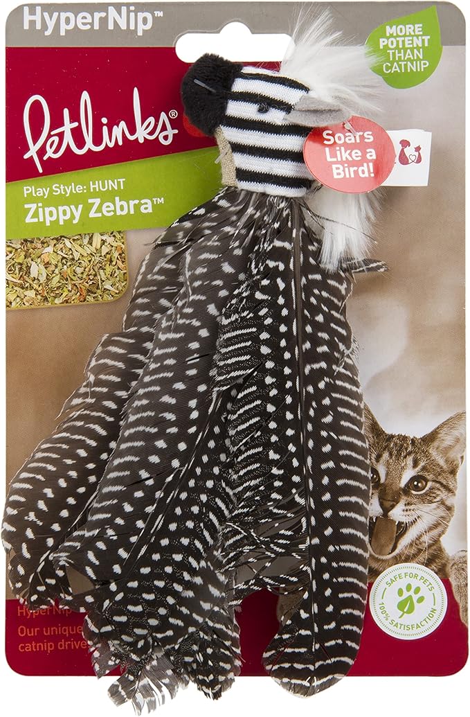Petlinks HappyNip Zippy Zebra Feather Cat Toy, Contains Silvervine & Catnip - Black/White, One Size