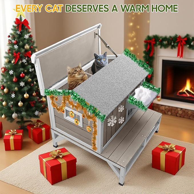 Cat Houses for Outdoor Cats with Balcony Weatherproof Outside Feral Cat Shelter, Wooden Pet House with Raised Base and Openable Asphalt Roof for Cats and Small Animals