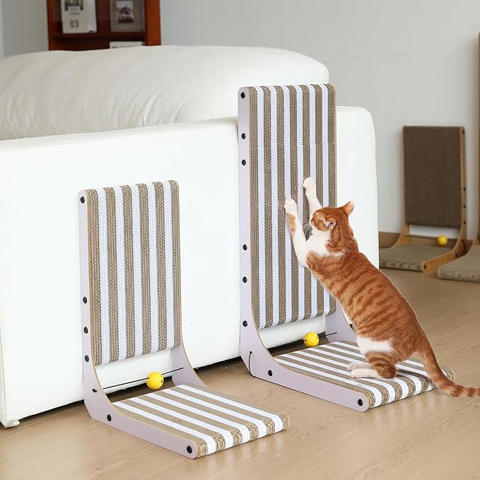 FUKUMARU Cat Scratcher, 18.9 Inch L Shape Cat Scratch Pad, Strip Pattern Cats Scratching Post Wall Mounted, Cardboard Cats Scratcher with Ball Toy for Indoor Kitty, Fun Playing Box Included, M