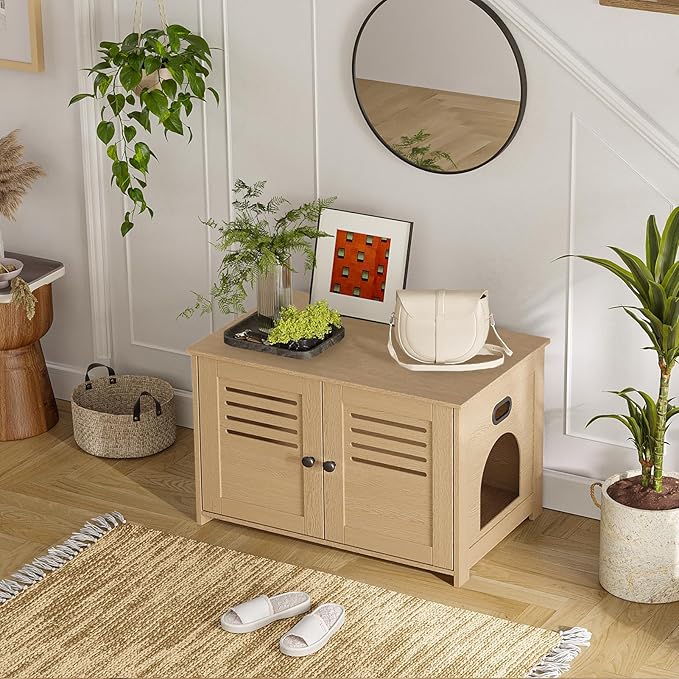 DINZI LVJ Litter Box Enclosure, Wooden Cat House with Good Ventilation, 27.6" Hidden Cat Washroom, Entrance Can Be on Left or Right, Indoor Litter Box Furniture, End Table, Natural