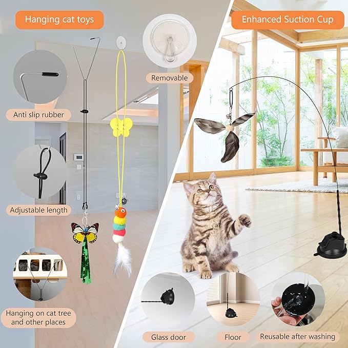 4-in-1 Interactive Cat Toys for Indoor Cat Feather Toys Suction Cup Cat Toys Simulation Feather Flying Bird Toy Replacements Cat Wand Toy for Kitten