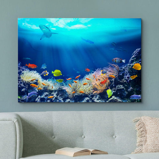 wall26 Canvas Print Wall Art Shining Sunlight Coral Reef Shark & Fish Nature Animals Photography Realism Rustic Scenic Landscape Wilderness Earth Colorful for Living Room, Bedroom, Office - 32"x48"