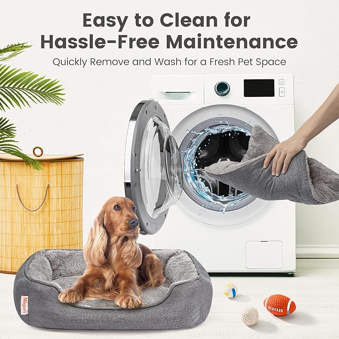 Miguel Faux Linen Dog Bed with Removable Cushion Pillow for Medium Small Dogs, Washable Pet Bed with Side Easy to Wash Puppy Bed, Rectangle Cat Bed for Indoor Cat with Anti-Slip Bottom, Gray 25 Inch