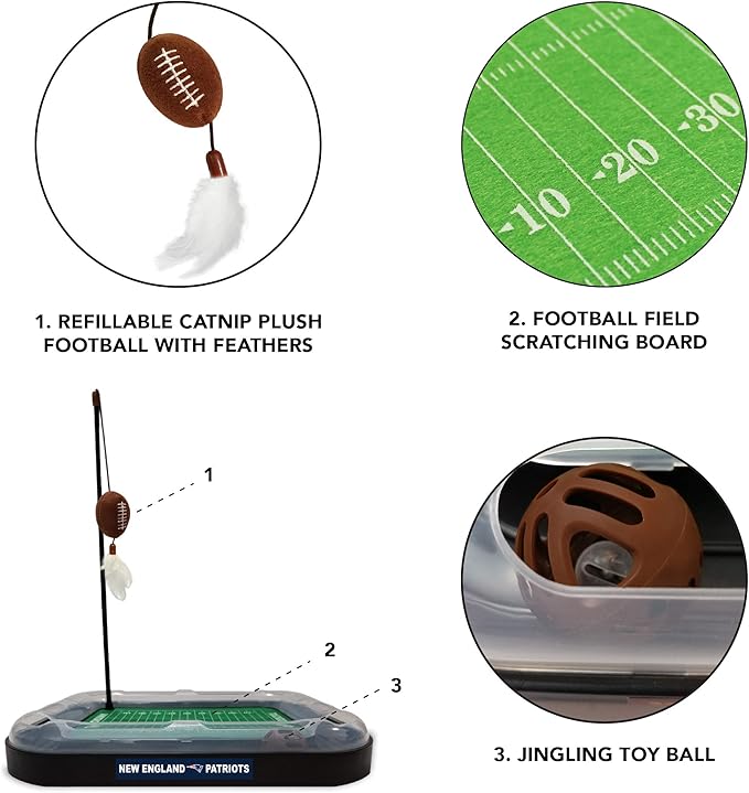 Pets First CAT BALL BELL TOY New England Patriots Football Field CAT Scratcher Toy with Catnip Filled Plush Football Toy&Feather Cat Toy Hanging,&Jingle Bell Interactive Ball Chasing 5-in-1 Kitty Toy