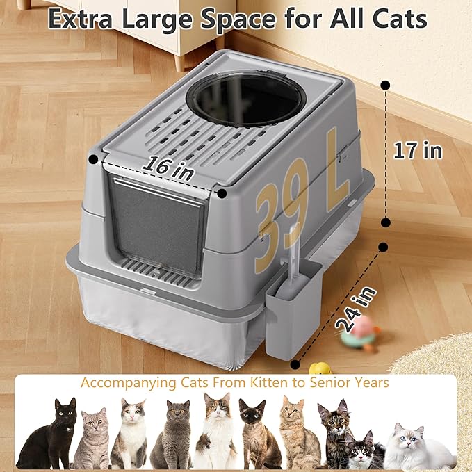 Stainless Steel Litter Box with Lid, XL Extra Large Metal Cat Litter Boxes for Big Cats Enclosed, Easy to Scoop with Litter Scoop Set, High Sides Enclosure Anti-Urine Leakage Non-Sticky, Black