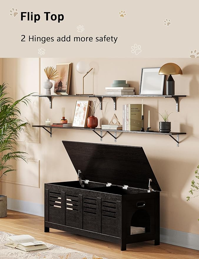 DINZI LVJ Litter Box Enclosure Furniture for 2 Cats, Top Opening Hidden Litter Box with Double Rooms, Dual Cat House with Good Ventilation, 47.2" Wooden Cat Washroom, Espresso