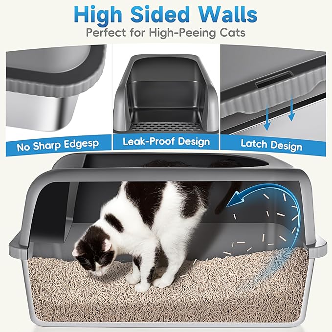 2 Pack Stainless Steel Cat Litter Box with Lid, XL Extra Large Metal Box for Big Cats, 24" L x 16" W x 12" H, Enclosed Litter Box High Sided, Non-Sticky, Include Litter Scoop
