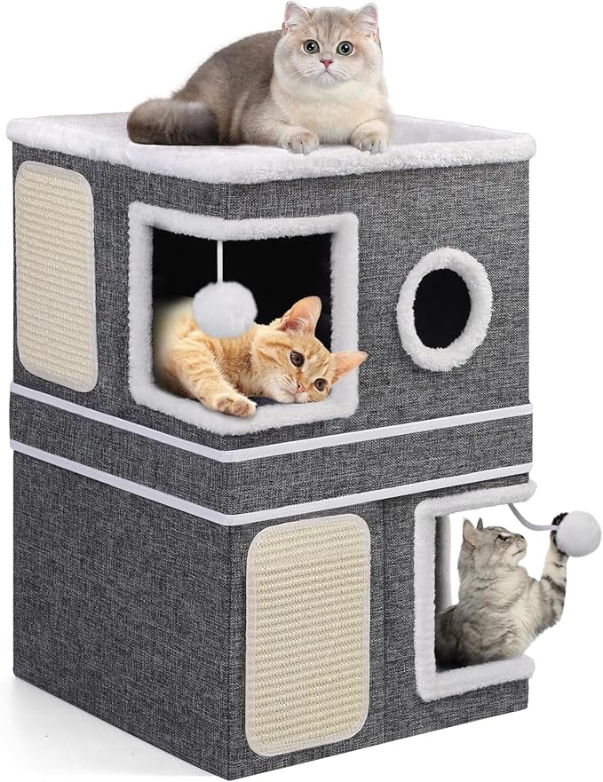 2-Storey Cat House for Indoor Cats, Separate Into 2 Large Cat Bed Cave with Hideaway Condos, Scratch Pads, Hanging Balls, Foldable Indoor Cat House Hold Up to 30LBS, Cat Cube for Multiple Cats Kitten