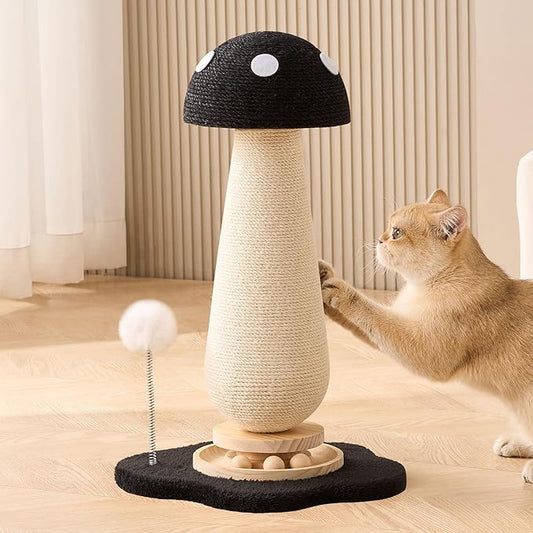 21.5‘’ H Cat Scratching Post with Catnip,Cute Mushroom Cat Scratcher Post with Durable Natural Solid Wood Turntable Toy, Solid Black Mushroom Shape Cat Toy Cat Sisal Scratcher for Indoor Cats
