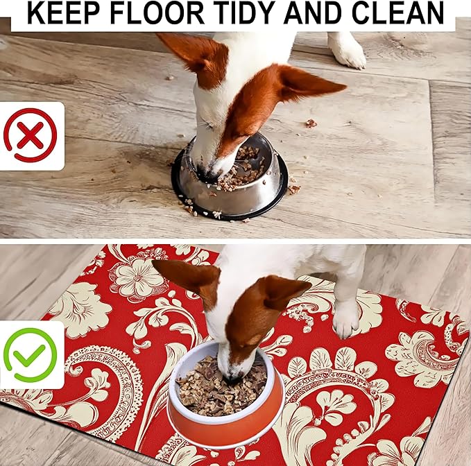 Red White Paisley Dog Food Mat-Absorbent Pet Feeding Mat for Food and Water Bowl, Quick Dry Dog Placemat with Rubber Backing-No Stains Pet Supplies for Messy Drinkers 12"x20"