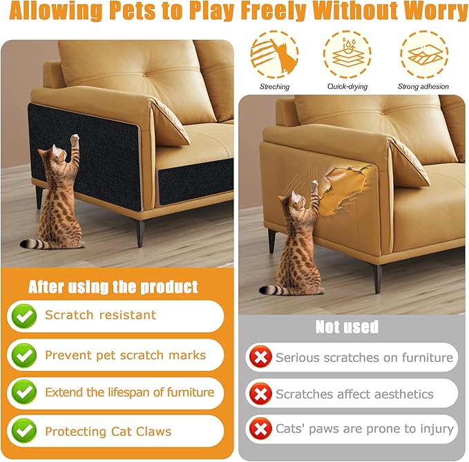Cat Scratching mat Self-Adhesive, Trimmable Furniture Protector for Couch, Sofa, Wall & Cat Trees - Durable Scratch Pad with Nano Tape, DIY Climbing Carpet for Indoor Cats (Black, 78.7"x15.8")
