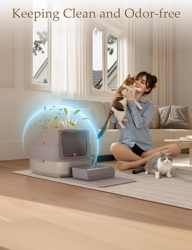 Stainless Steel Litter Box with Lid, Extra Large Enclosed Cat Litter Box for Big Cats, Anti-Leakage Metal Kitty Box with High Sided Enclosure, Scoop, Pedal & Non-Slip Mat, Easy to Clean