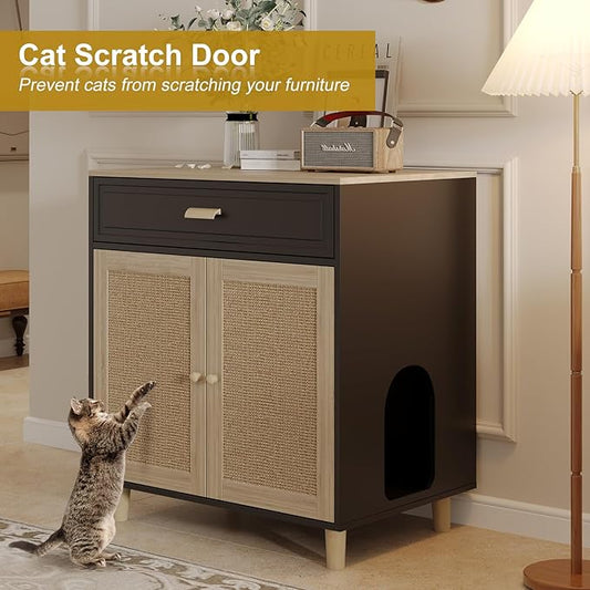 Cat Litter Box Enclosure Furniture Hidden - Indoor 2-in-1 Wooden Cat House & Washroom Cabinet with Scratching Board Doors and Drawer, 31.5”x21.6”x34.6”, Black