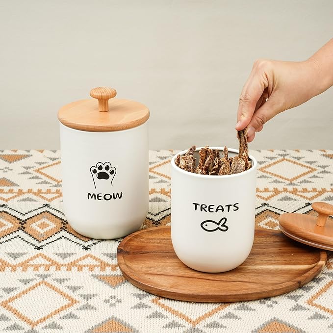 Cat Treat Container with Airtight Lid, Cat Food Oganizer Dry Food, Cat Food Storage Containers, Pet Treats Canister, Cat Treat Jar Set of 2-8.3x4.9 & 7.1x4.3 (White)