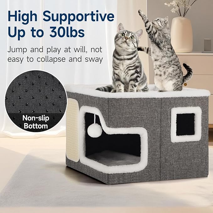 Cat Beds for Indoor Cats, Large Cat Cave with Cozy Hideout, Scratch Pad, Fluffy Ball Hanging, Foldable Cat Hideaway Hold Up to 30LBS, Indoor Cat House with Reversible Soft Cushions for All Seasons